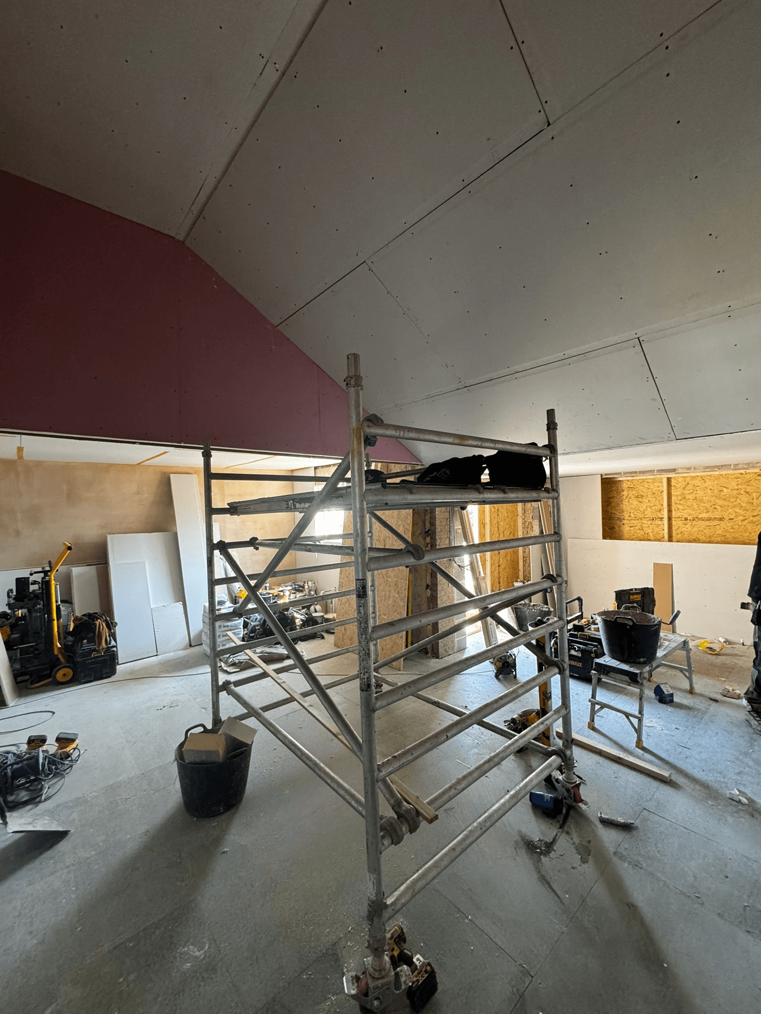 Large extension interior build with scaffold tower